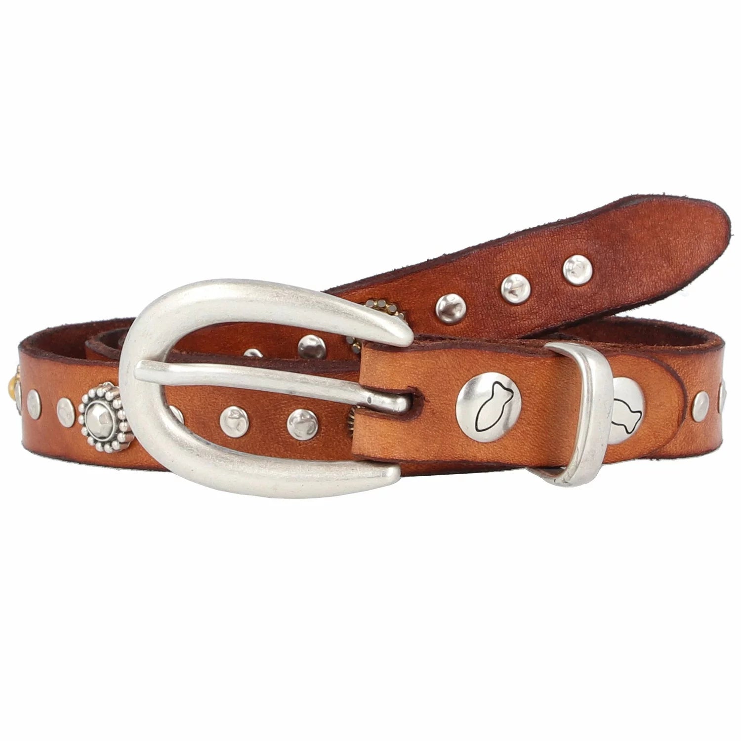 Thin Belt with Multi-Studs. Leather. Cognac